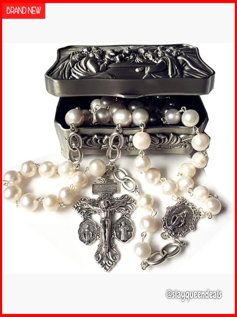 Silver White Pearls Bead Necklace Lasso Wedding Rosary Cross Crucifix